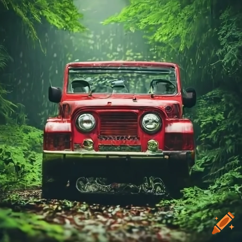 vintage off-roading car in a rainy forest