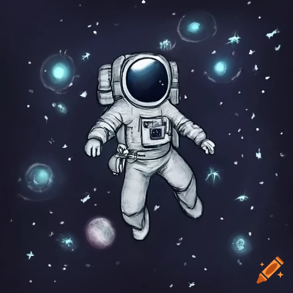pencil sketch of an astronaut floating in space