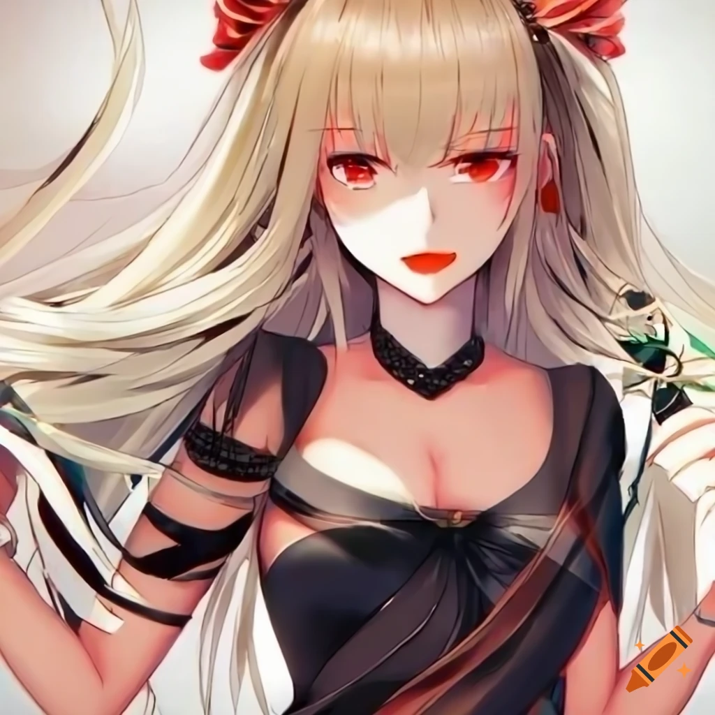 detailed illustration of a beautiful anime girl with blonde hair and red eyes