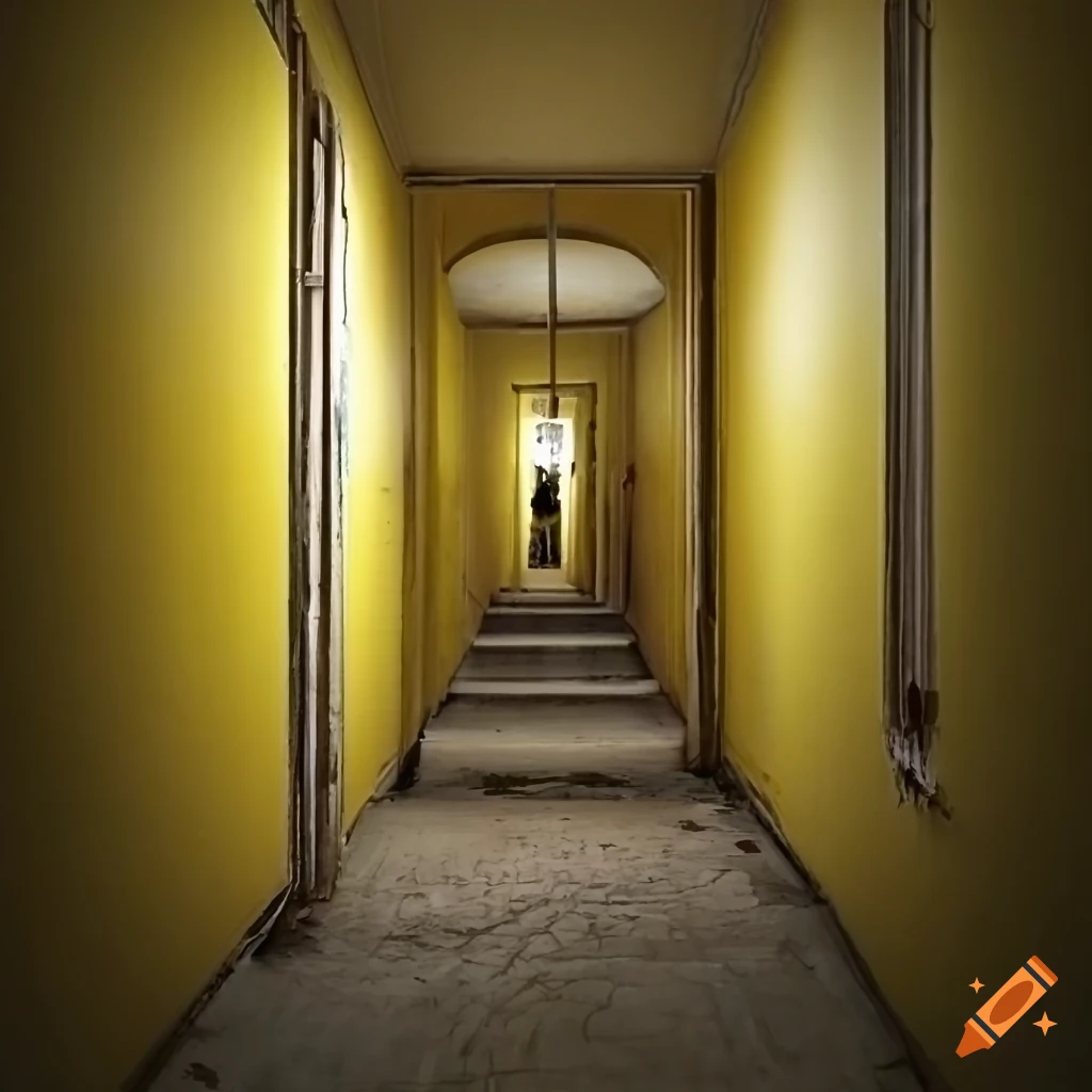 yellow hallway with decaying walls