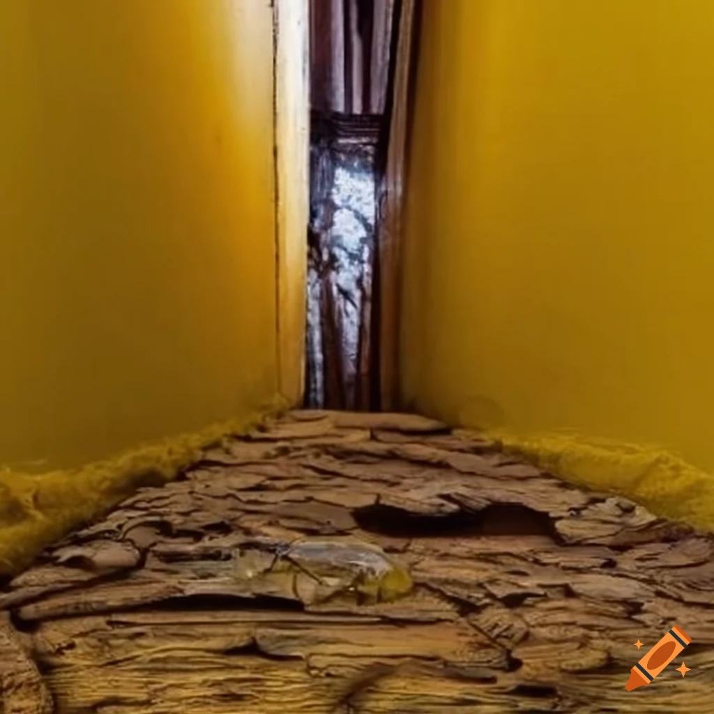 yellow hallway with decaying walls