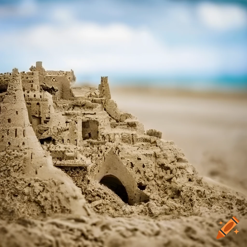 remnants of a partially destroyed sandcastle on the beach