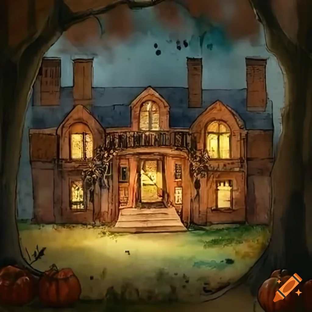 eerie scene with a haunted mansion, bats, and pumpkins