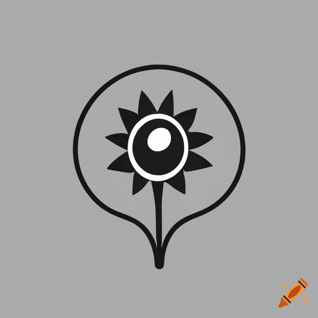 black and white pictogram of a flower pot with an eye