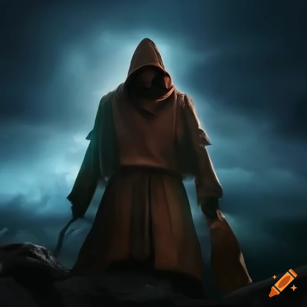 image of a hooded monk standing on a stormy mountain