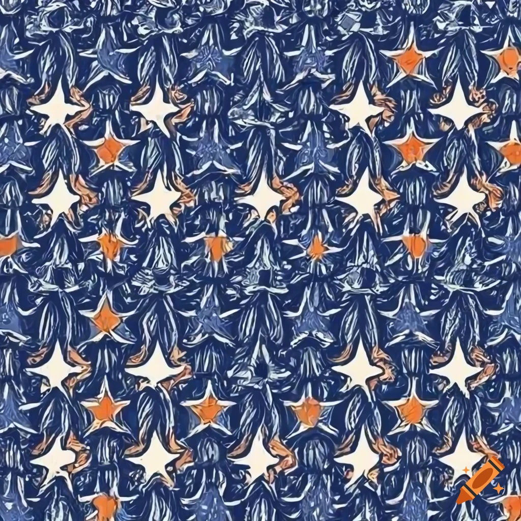 90s style cartoon pattern with orange stars on navy blue background