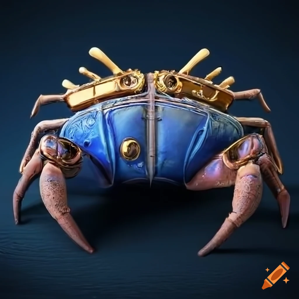 hyper realistic 3D rendering of a VW Beetle as a steampunk crab in a Martian ocean