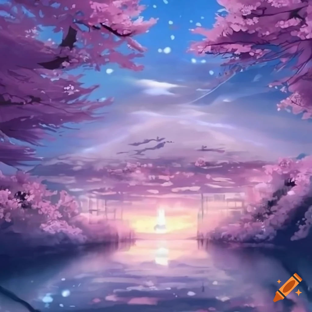 anime-style landscape with beautiful sakura blossoms