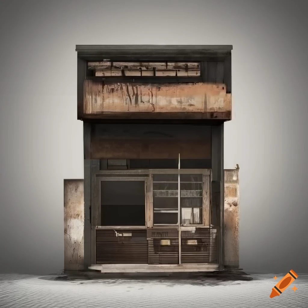 detailed 2D depiction of a weathered storefront facade