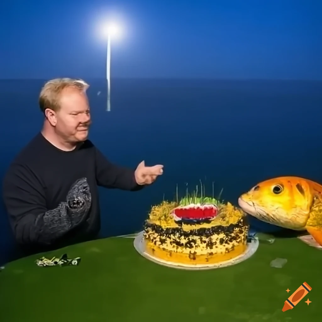 man feeding a birthday cake to a carp in a pond