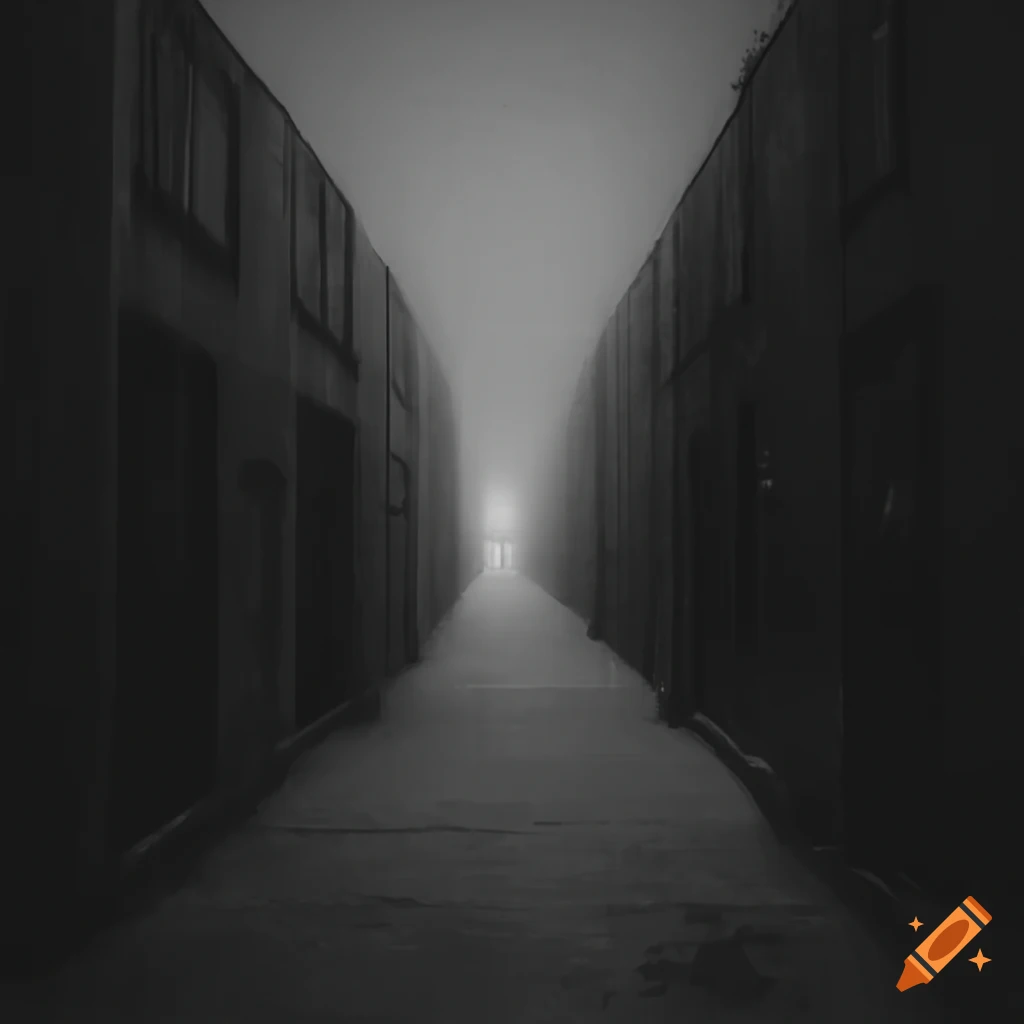 foggy corridor with multiple doors