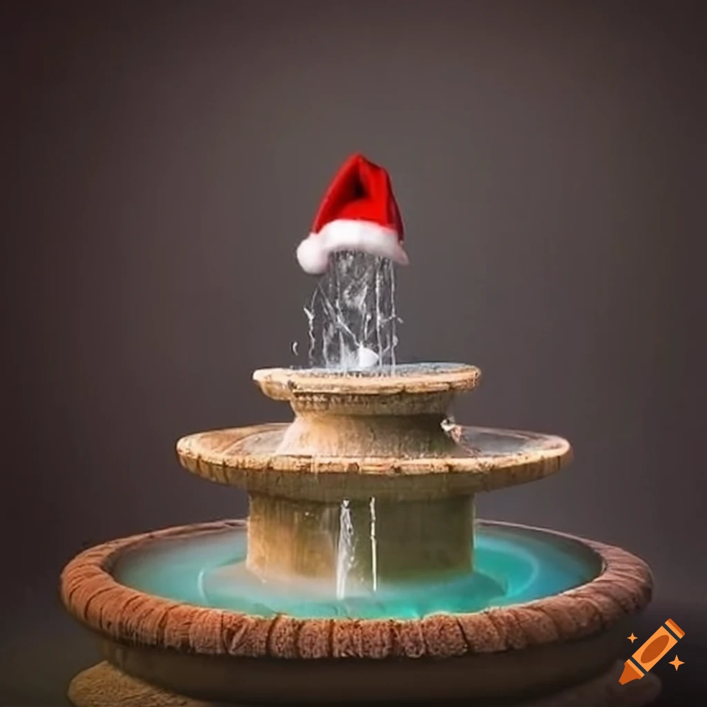 fountain with a Christmas hat decoration
