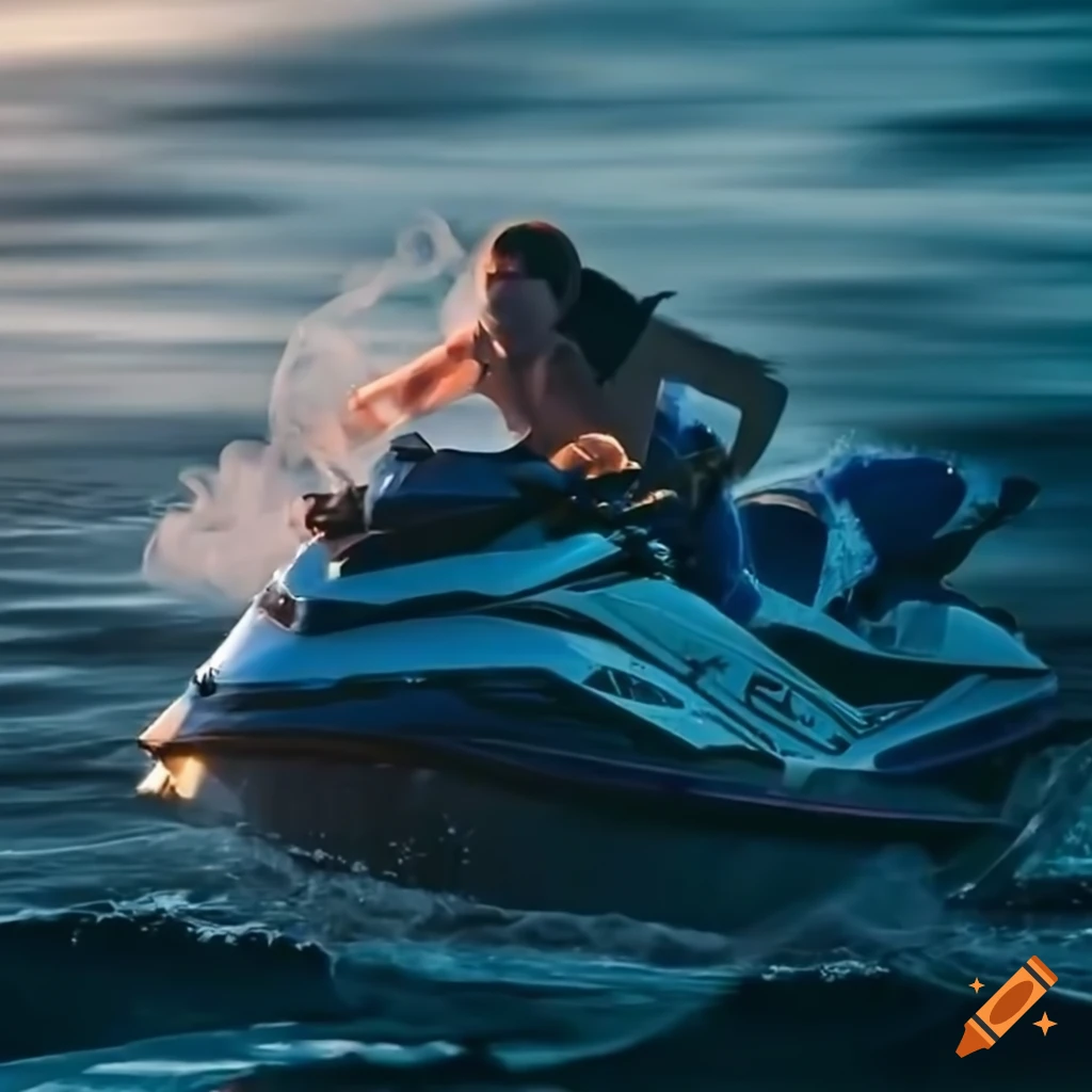 riding jetski in rough waves at sunset