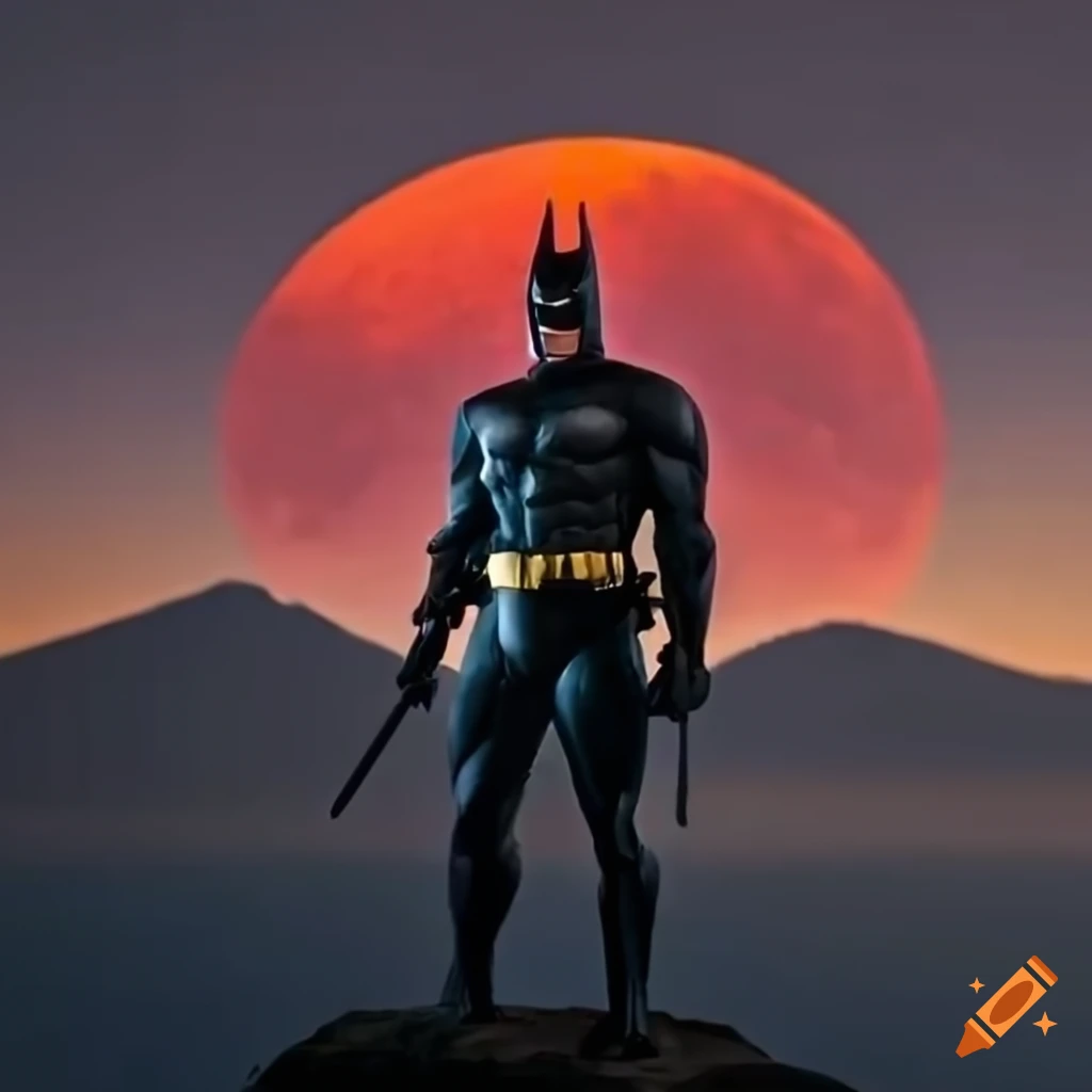 batman with katana in front of mt fuji