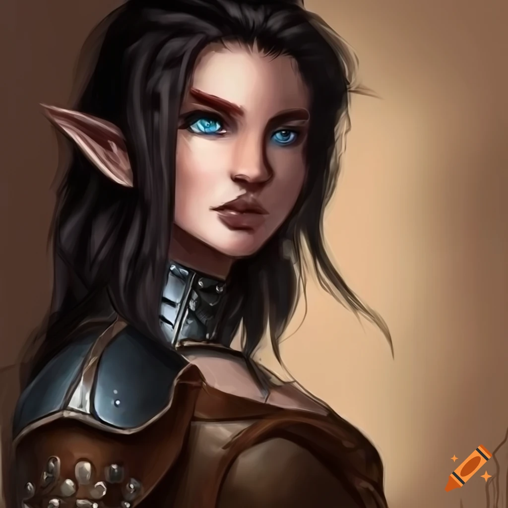 artwork of a half elf rogue woman in leather armor