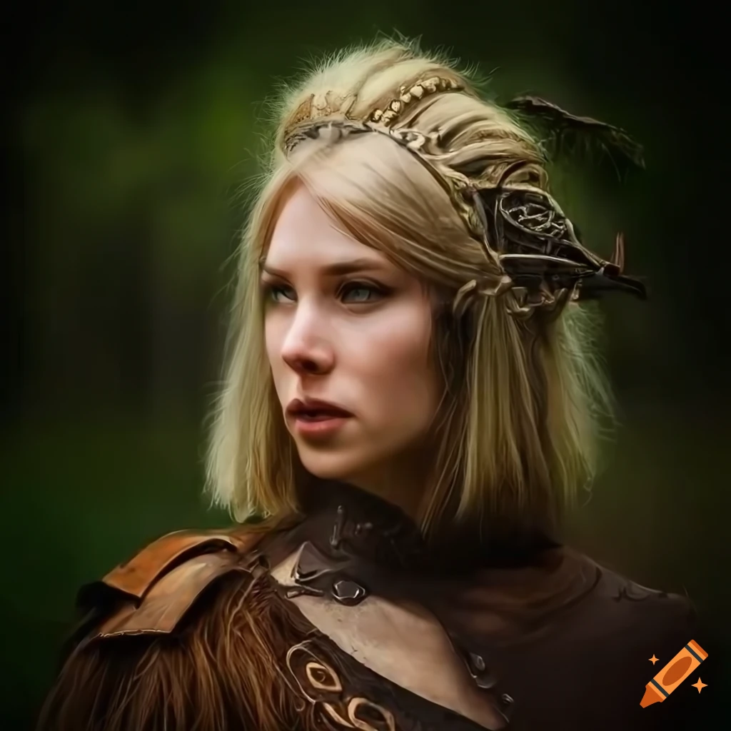 image of a elvish woman and slavic pagan warrior in a dark forest