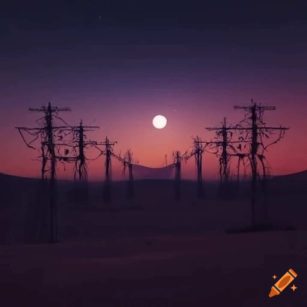night landscape of powerlines under the full moon