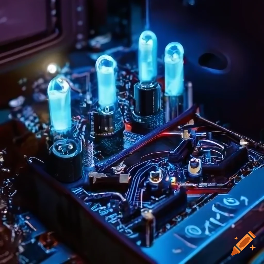 close-up of a vintage music amplifier with glowing tubes
