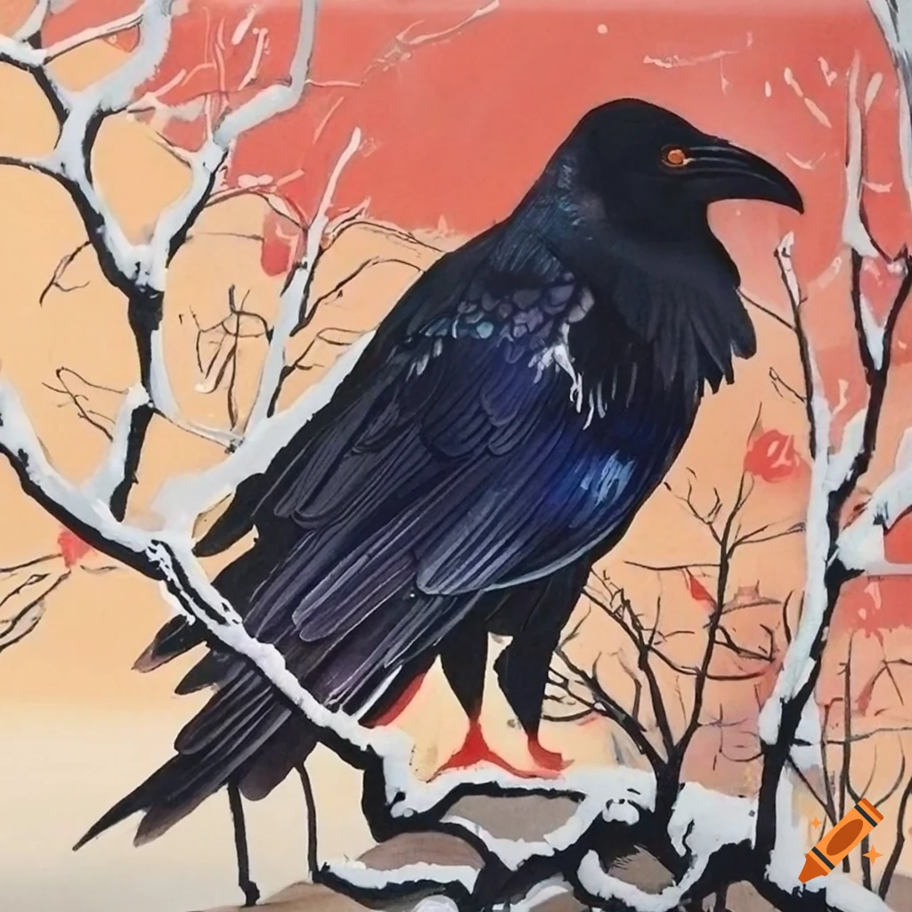 color woodblock print of a raven in a snowy forest