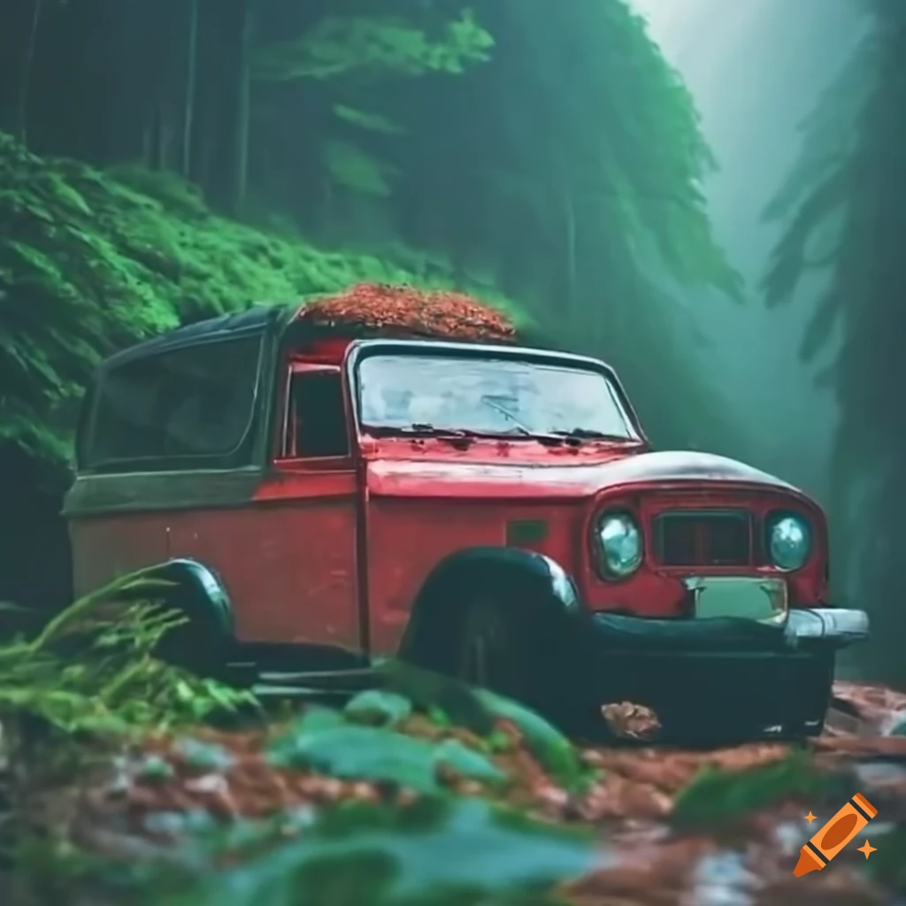 vintage off-roading car in a rainy forest