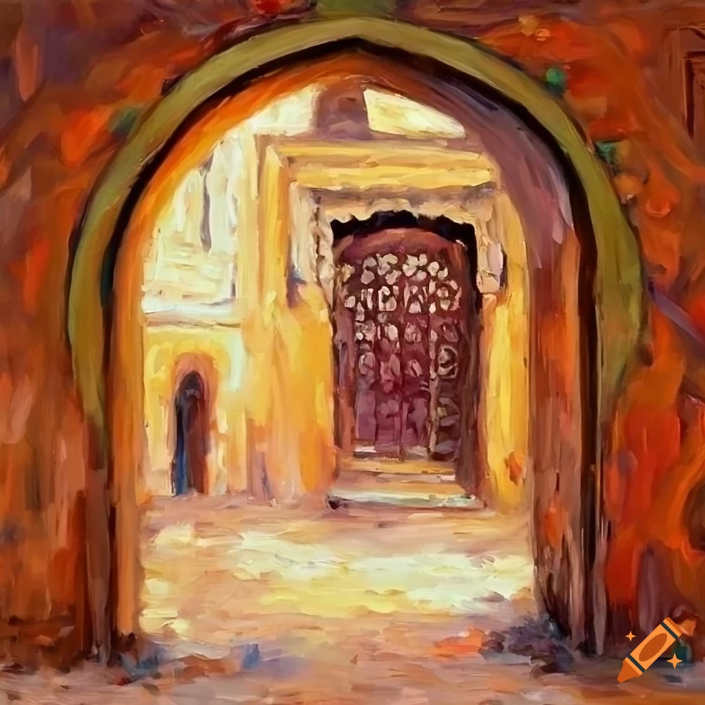 impressionist oil painting of a small Moroccan house with a courtyard and flowers