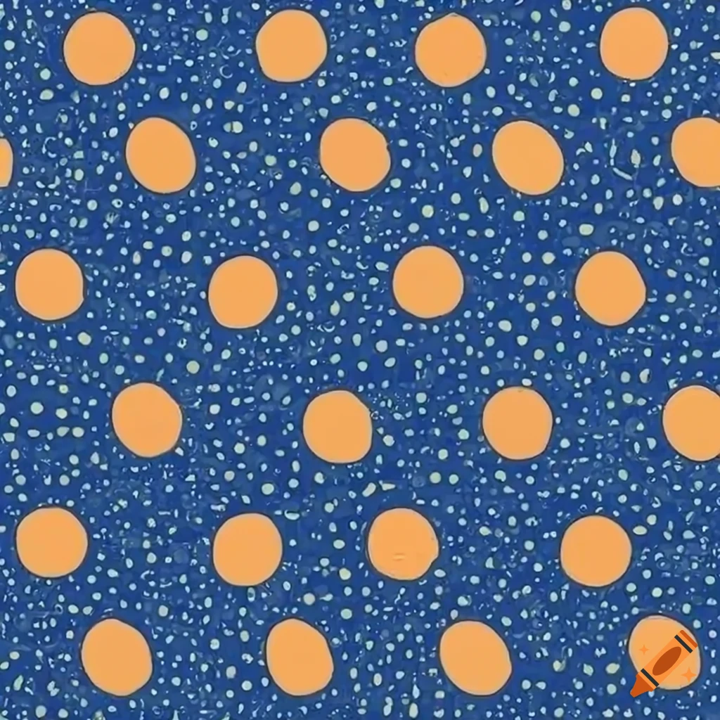 cartoon style pattern with orange and yellow dots on navy blue background