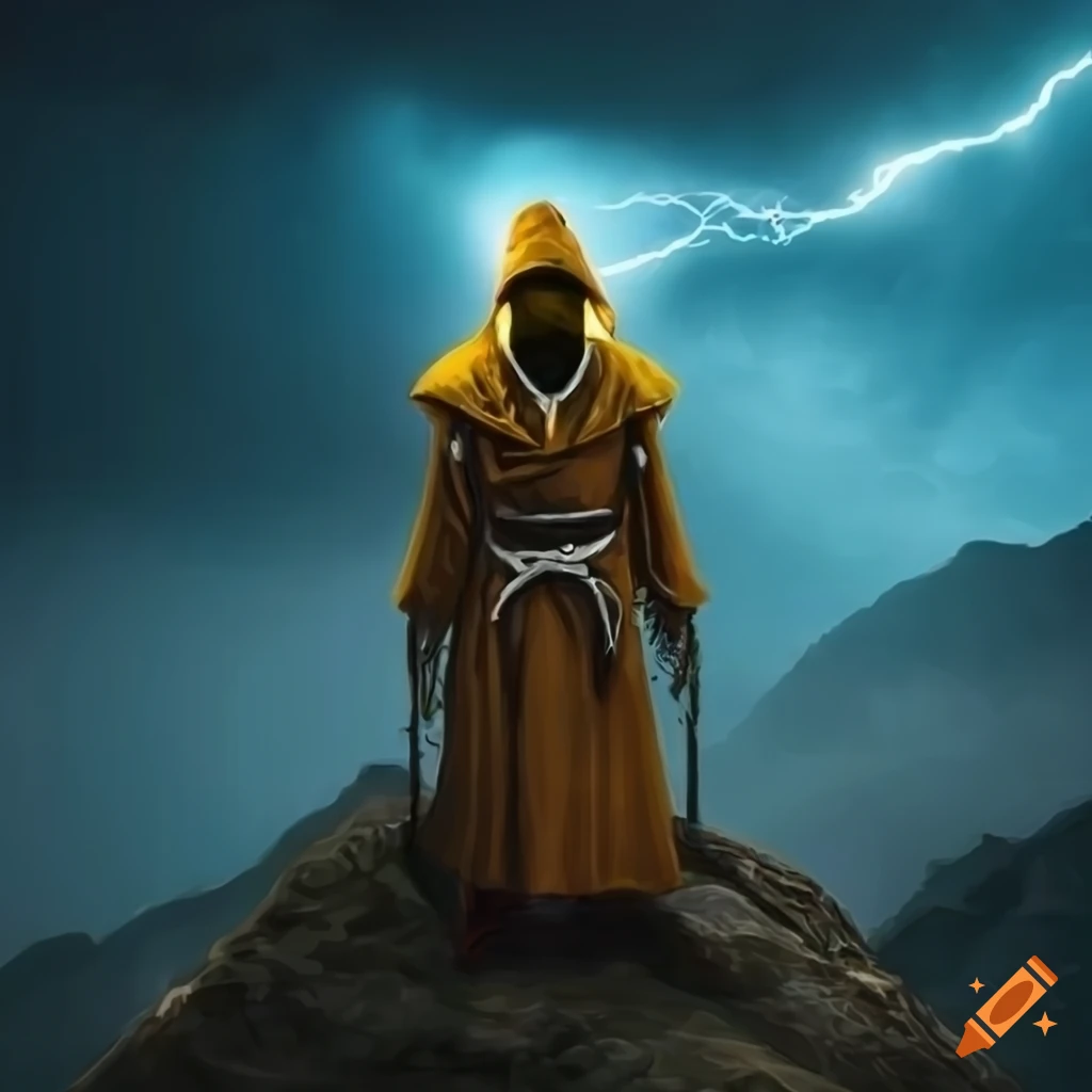 image of a hooded monk standing on a stormy mountain