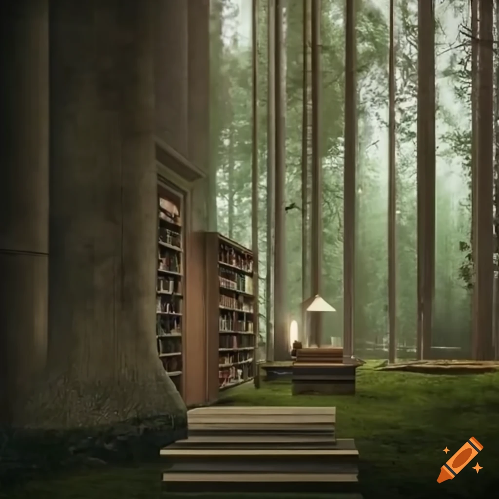 Picture of a library surrounded by a forest on Craiyon