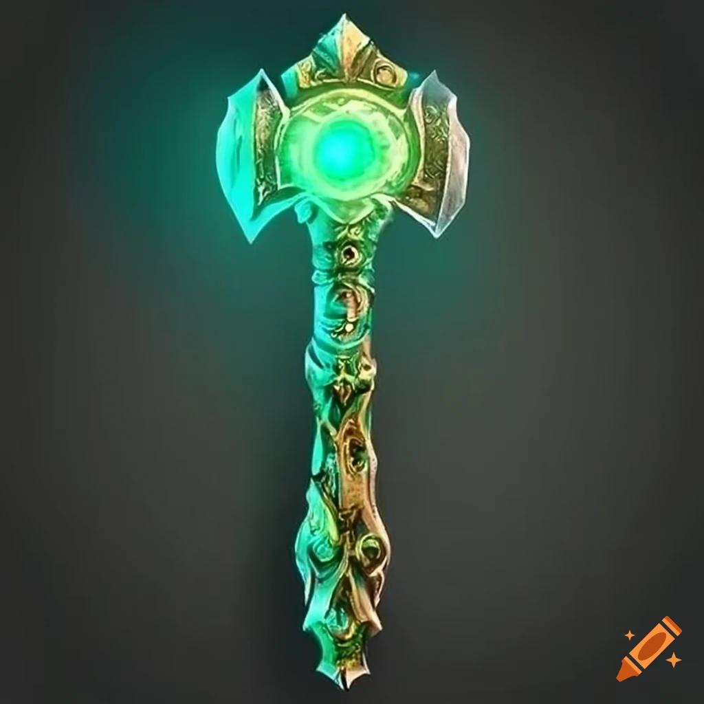 ornate fantasy hammer with green aura