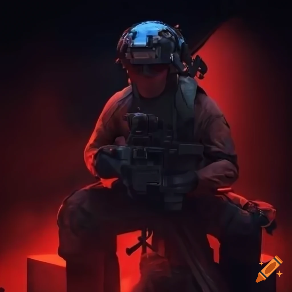 rendering of a man in tactical gear on a gun turret