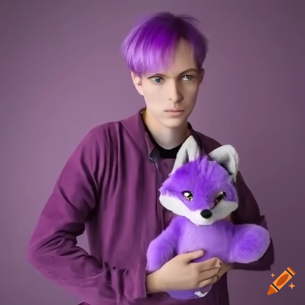 man holding a purple fox plush