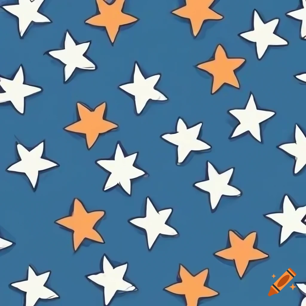 90s style cartoon pattern with orange stars on navy blue background