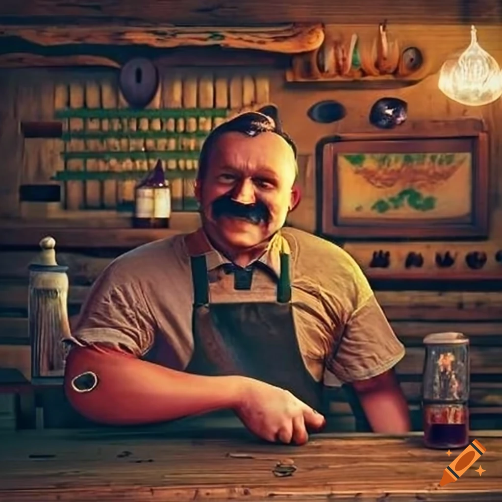 manager of a rustic tavern behind the bar counter
