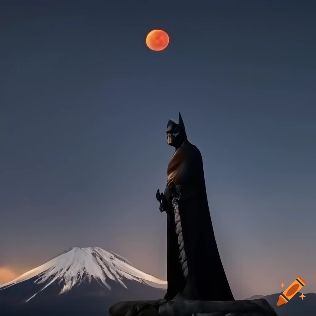 batman with katana in front of mt fuji