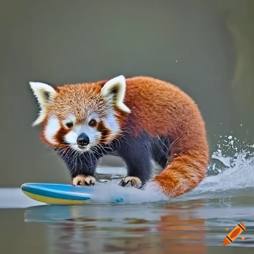 red panda riding a surfboard