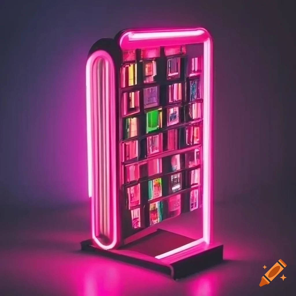retro-style magazine stand with neon lights