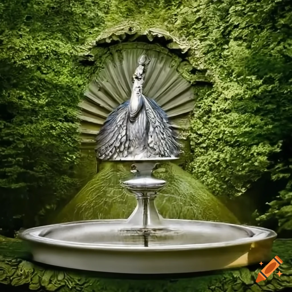 silver peacock statue on fountain in a Victorian garden