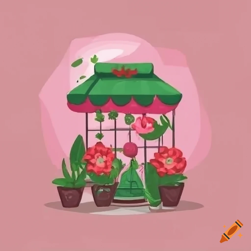 cartoon illustration of a charming flower shop in Paris