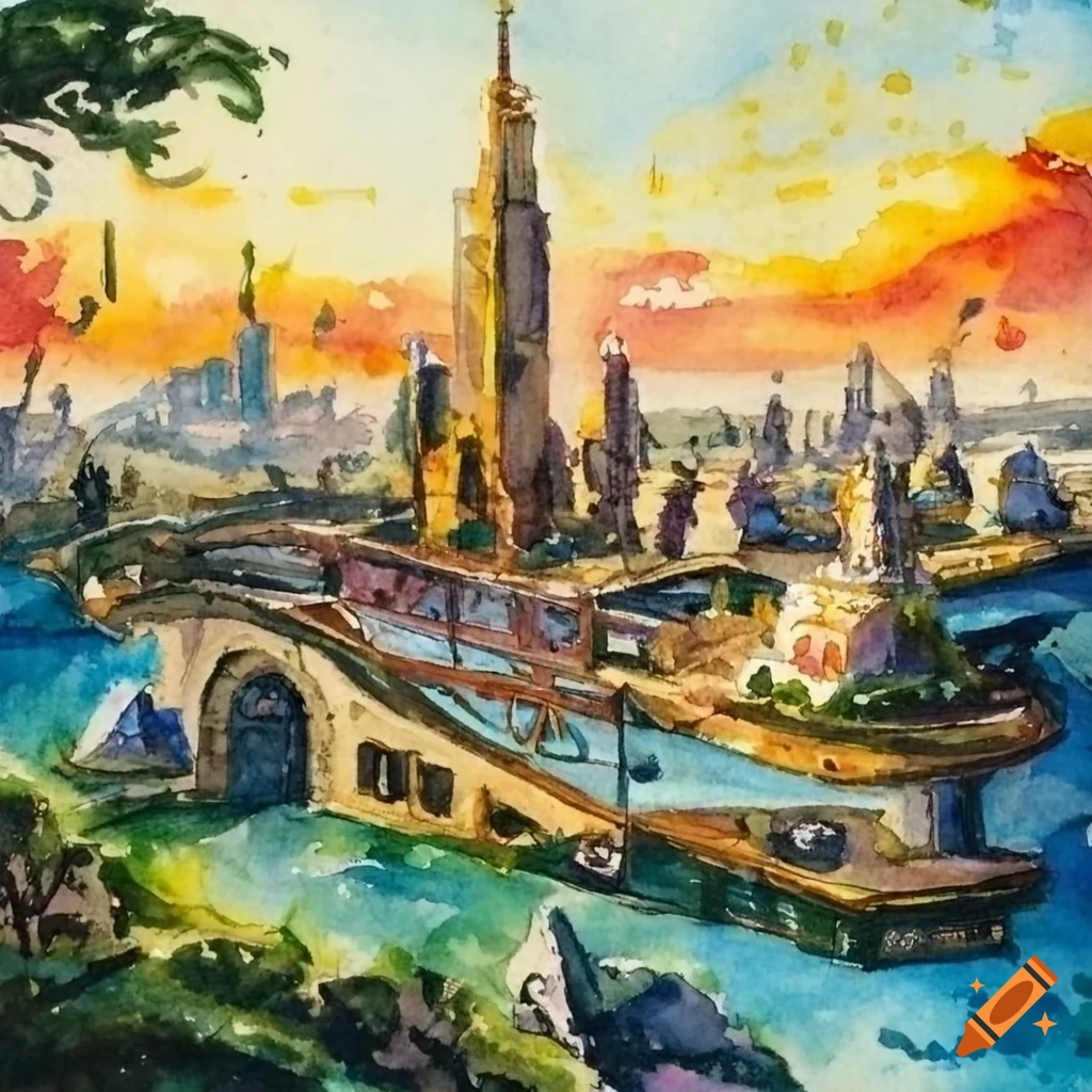 watercolor of a futuristic solarpunk city
