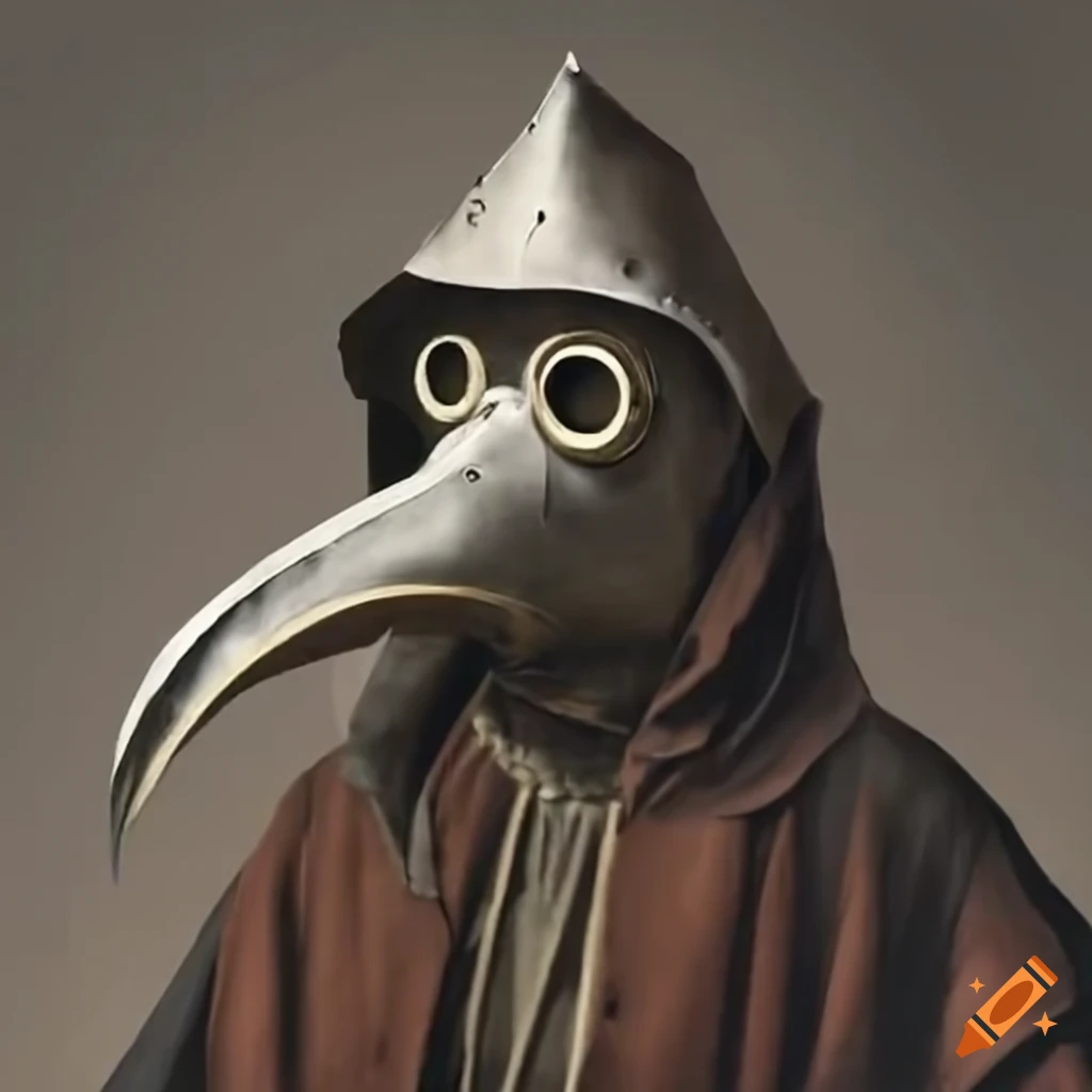 plague doctor with a long mask and feathered cape
