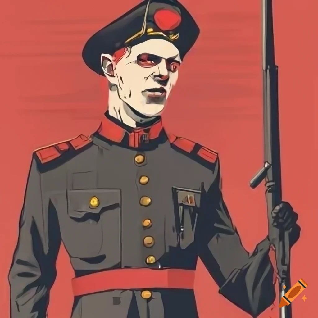 propaganda poster of a red-haired sci-fi elf officer