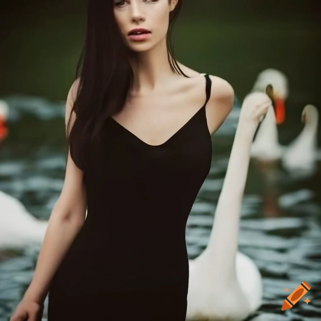elegant woman surrounded by swans