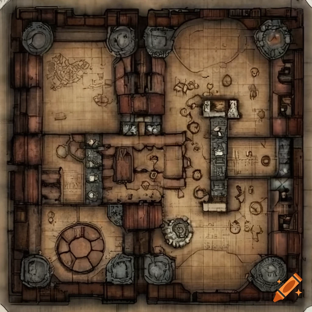 tabletop RPG map with a steampunk industrial setting