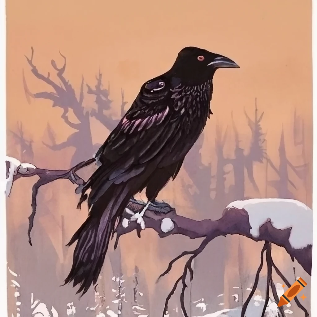 color woodblock print of a raven in a snowy forest