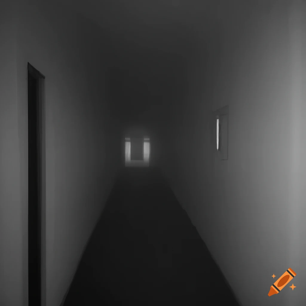 photo of a foggy corridor with multiple doors
