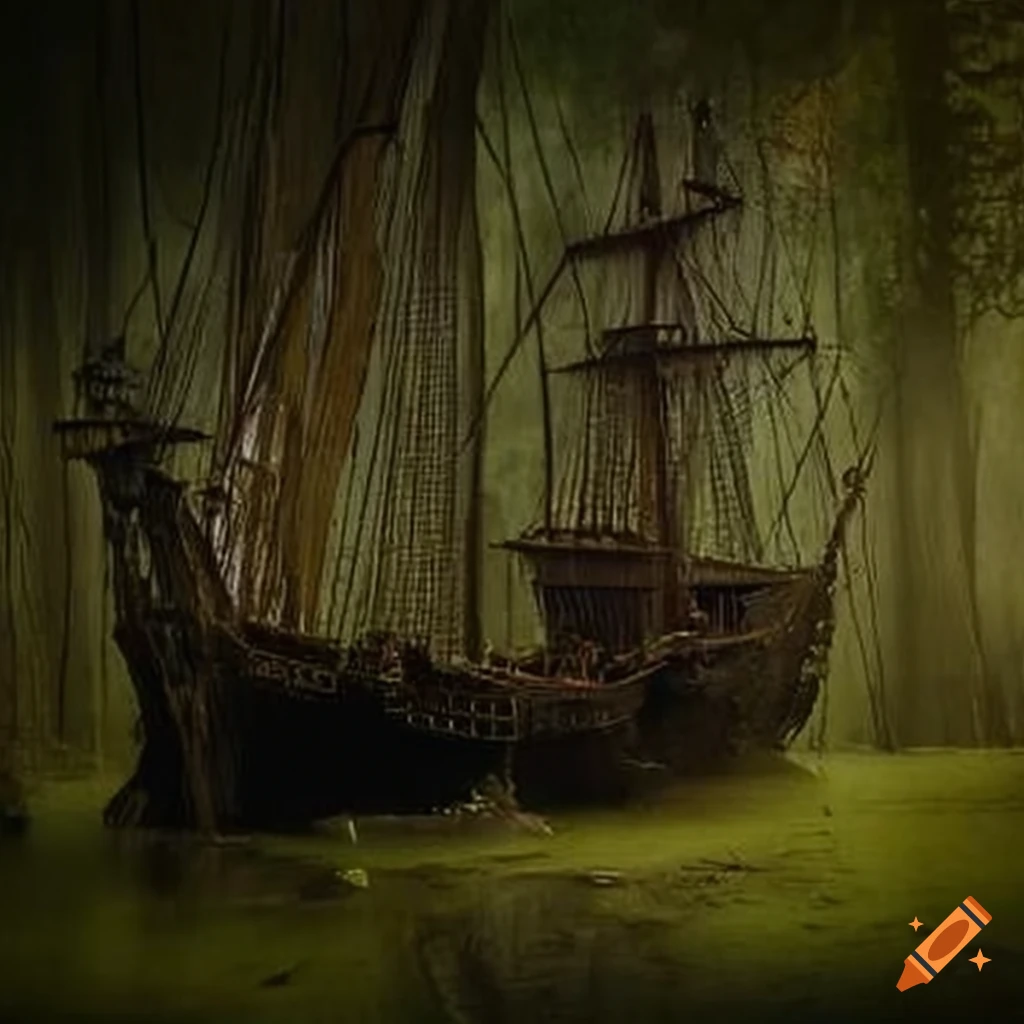 image of a Spanish galleon wrecked in a swamp