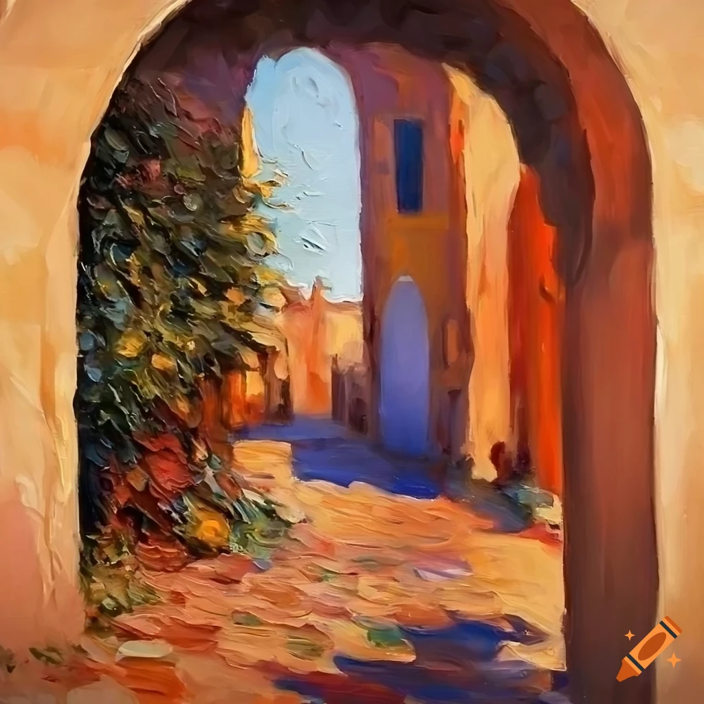 impressionist oil painting of a Moroccan house with courtyard and flowers