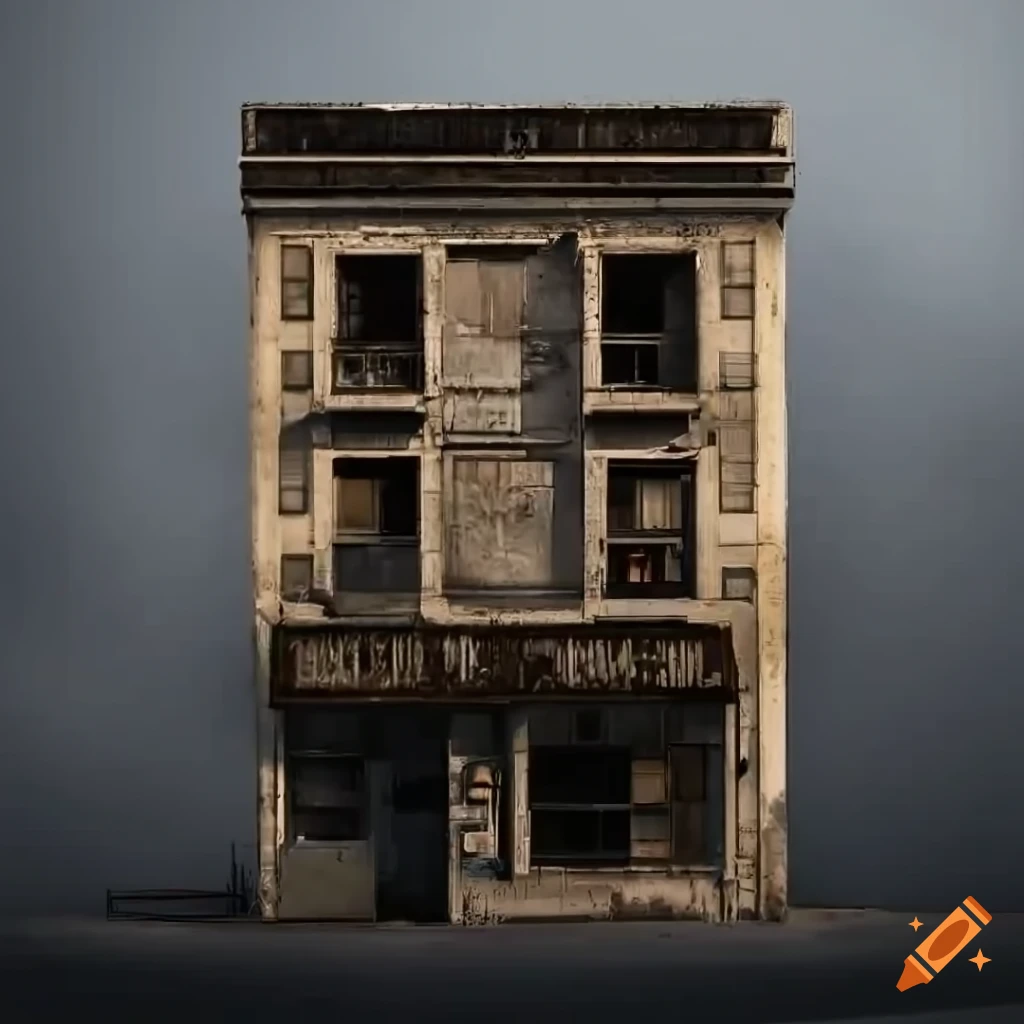 realistic depiction of a weathered storefront in a gritty urban environment