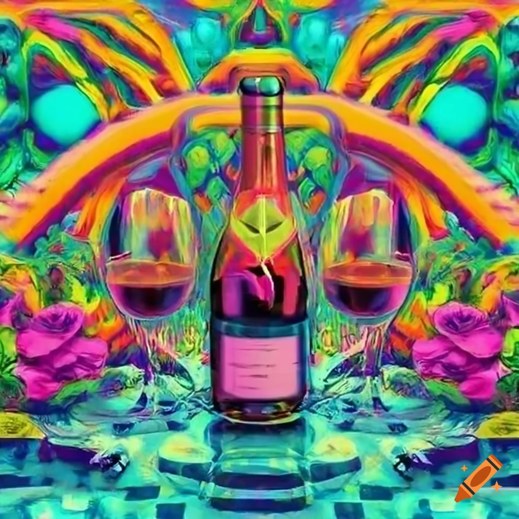psychedelic art of a pool party with rosé wine