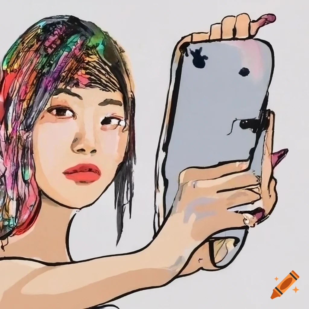 Japanese ink painting of a woman taking a selfie